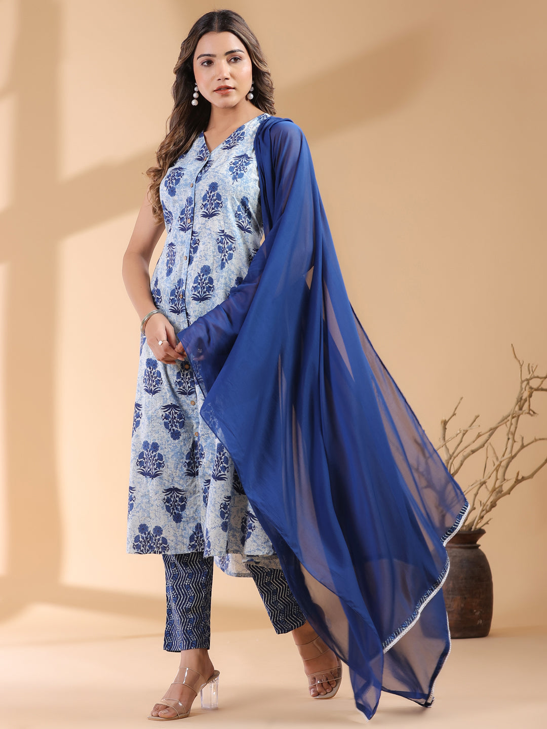 Janasya Dark Cotton Ethnic Motifs A-Line Kurta Set 