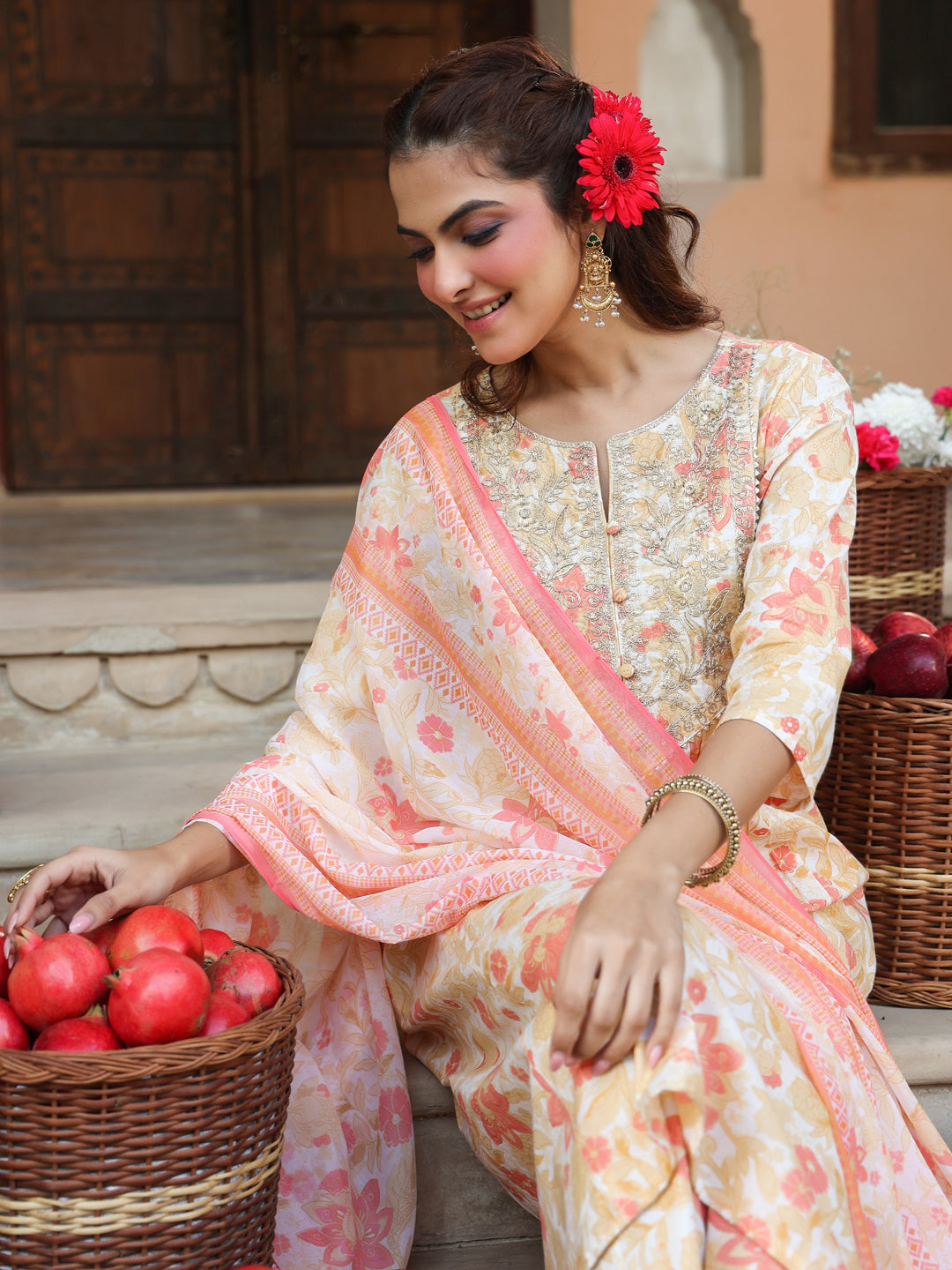 Janasya Light Cotton Floral A-Line Kurta Set 