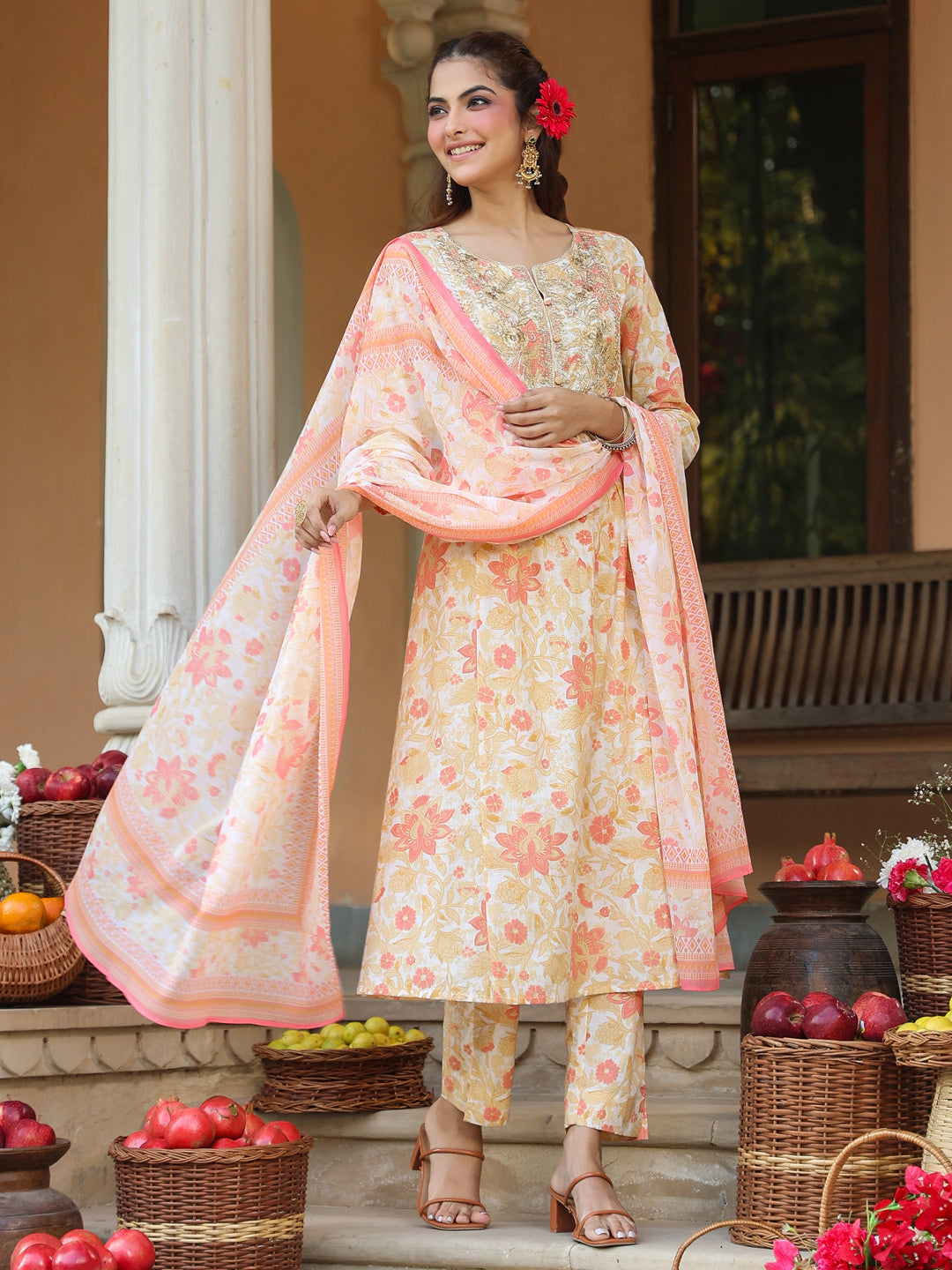 Janasya Light Cotton Floral A-Line Kurta Set 