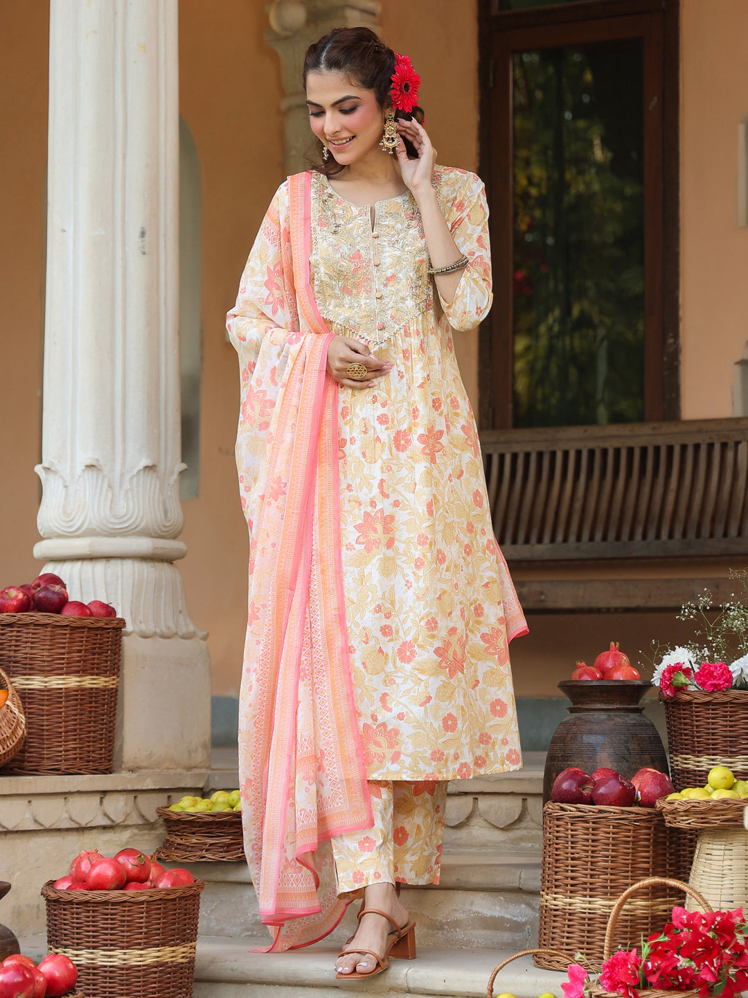 Janasya Light Cotton Floral A-Line Kurta Set 
