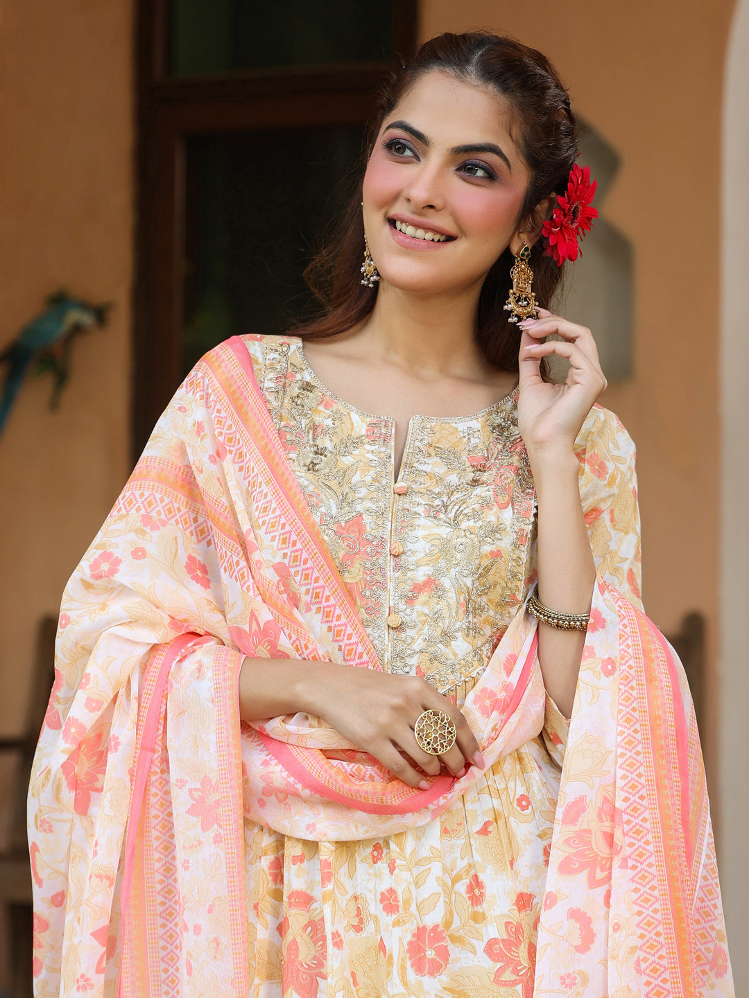 Janasya Light Cotton Floral A-Line Kurta Set 