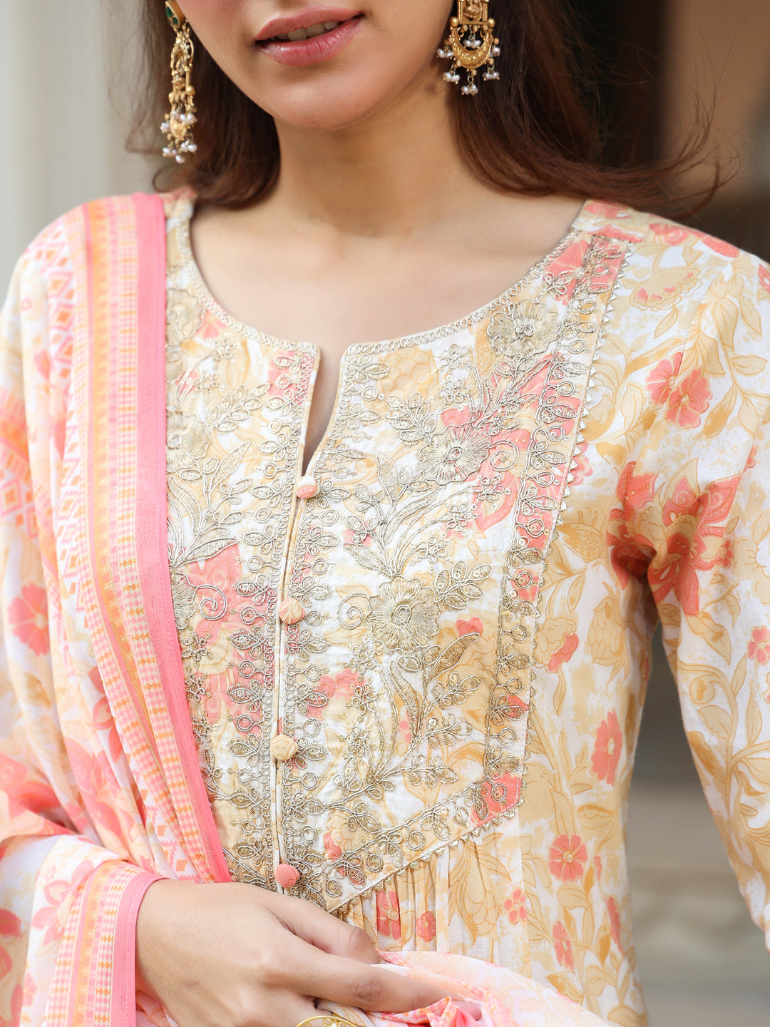 Janasya Light Cotton Floral A-Line Kurta Set 