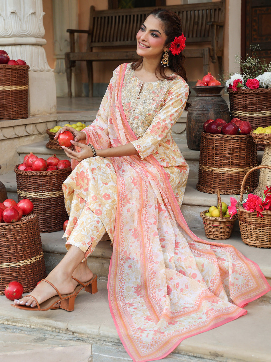 Janasya Light Cotton Floral A-Line Kurta Set 