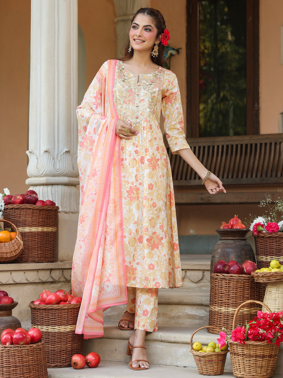 Janasya Light Cotton Floral A-Line Kurta Set 