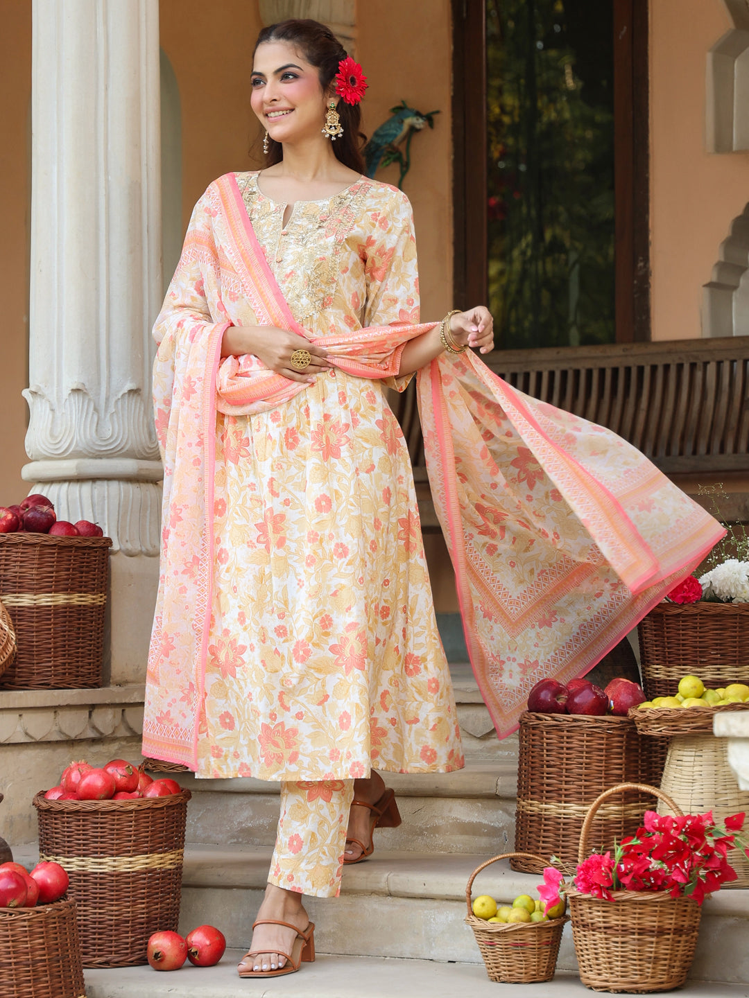 Janasya Light Cotton Floral A-Line Kurta Set 