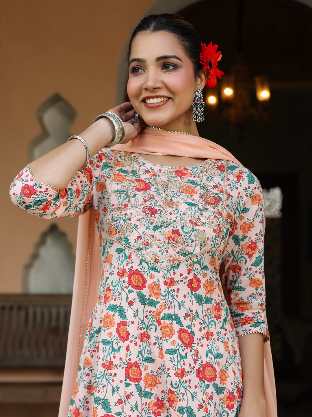 Janasya Light Cotton Floral Anarkali Kurta Set 