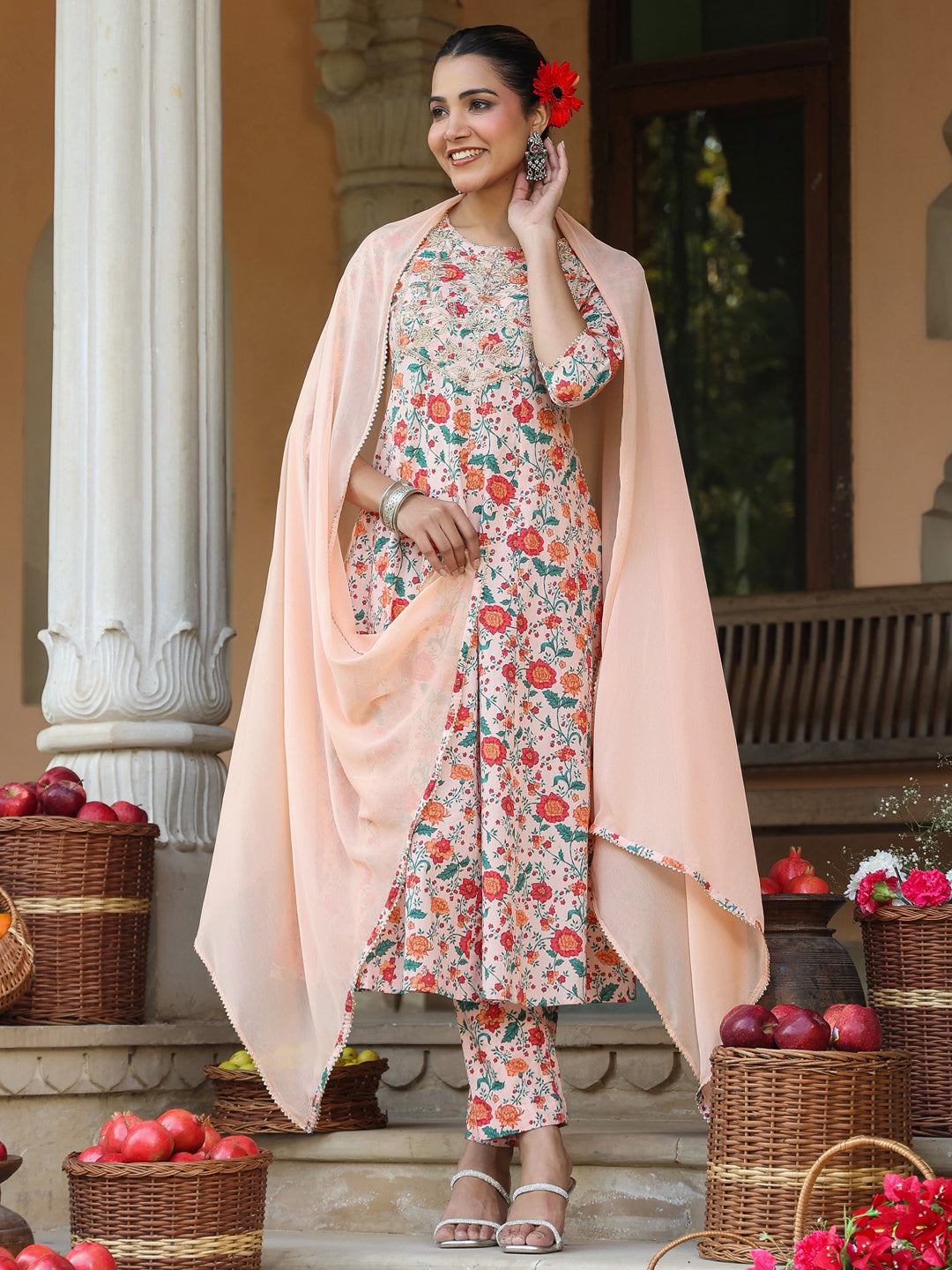 Janasya Light Cotton Floral Anarkali Kurta Set 