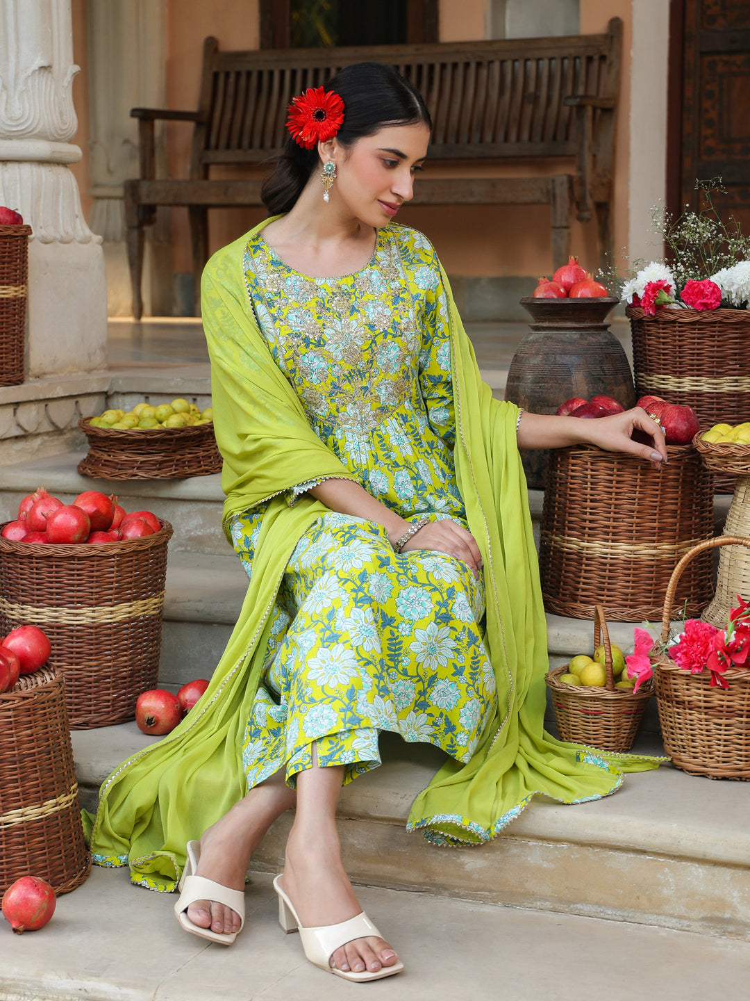 Janasya Bright Cotton Floral A-Line Kurta Set 