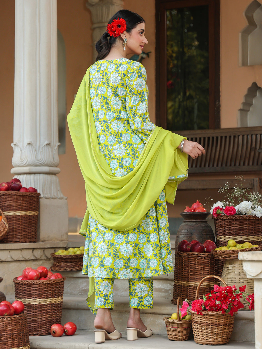 Janasya Bright Cotton Floral A-Line Kurta Set 