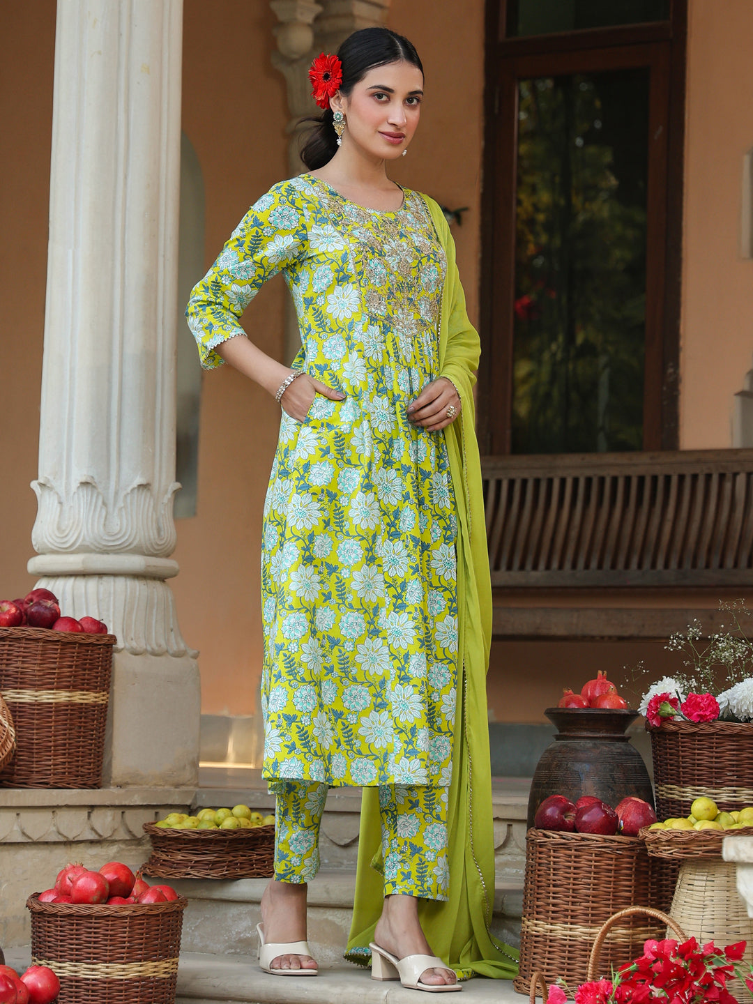Janasya Bright Cotton Floral A-Line Kurta Set 