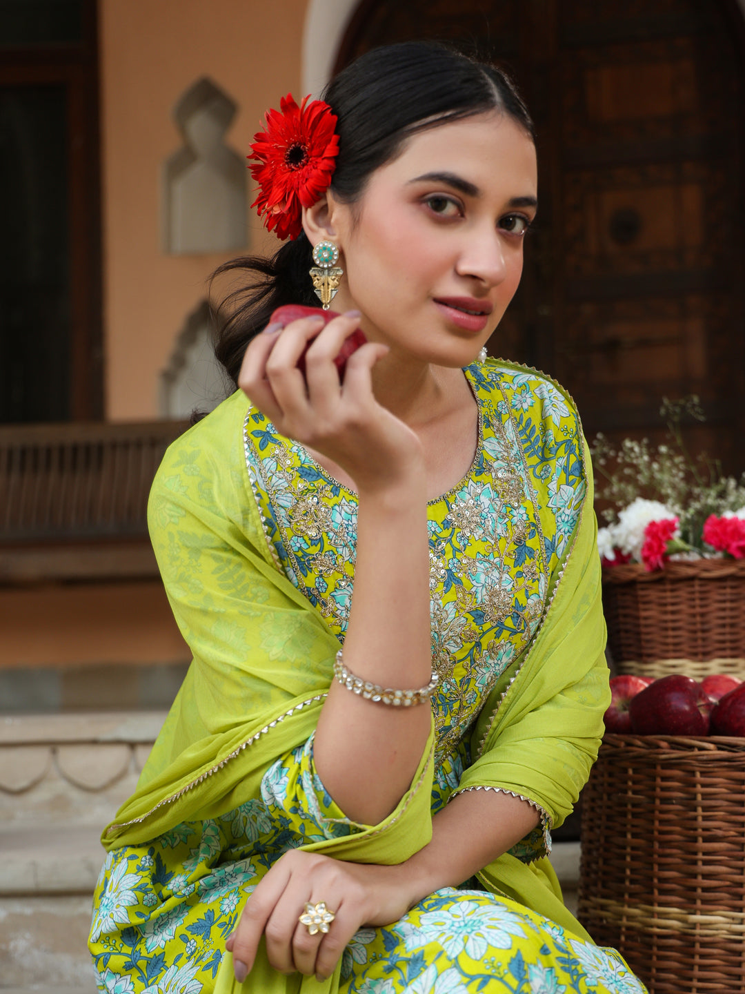 Janasya Bright Cotton Floral A-Line Kurta Set 