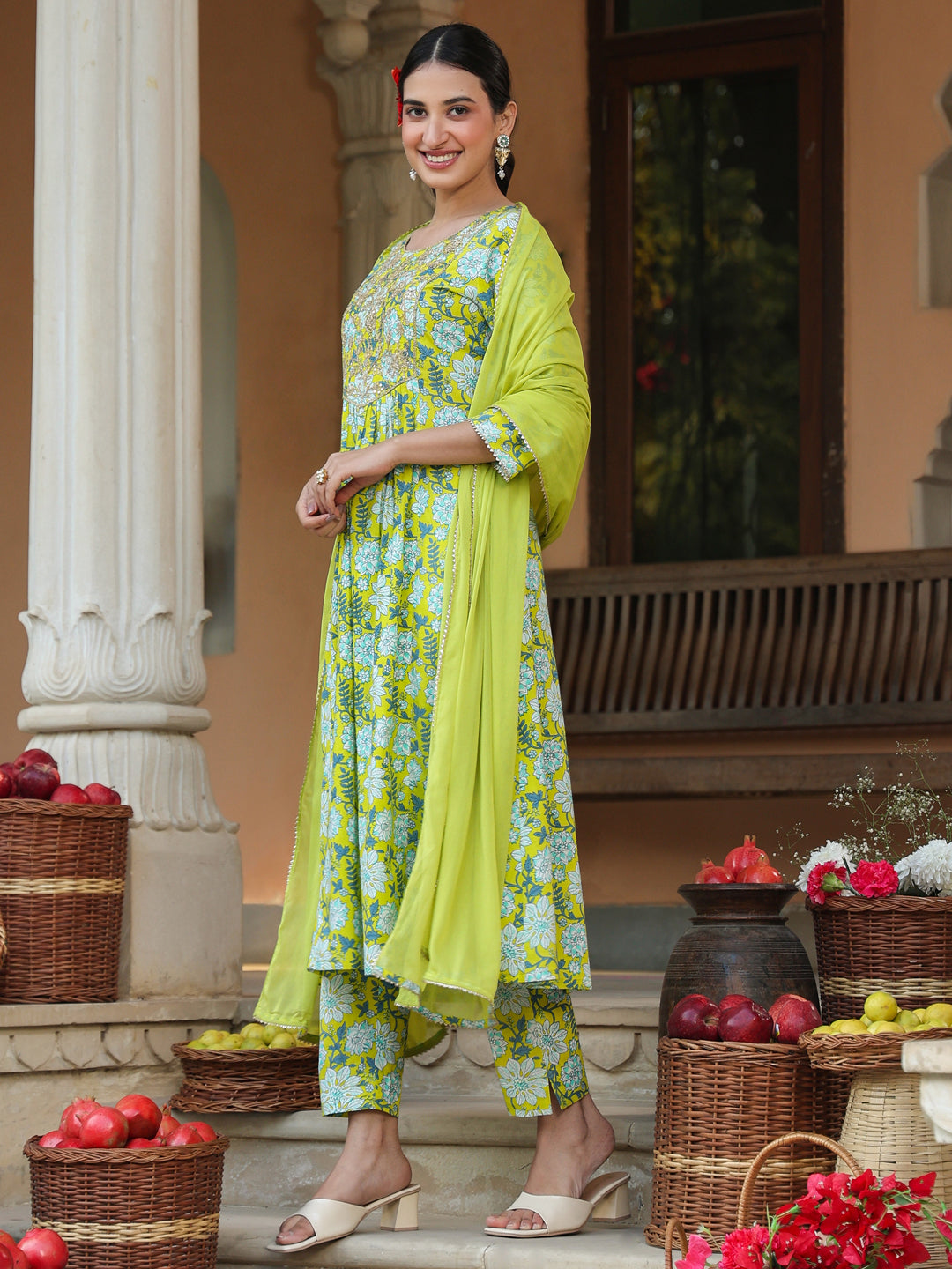Janasya Bright Cotton Floral A-Line Kurta Set 