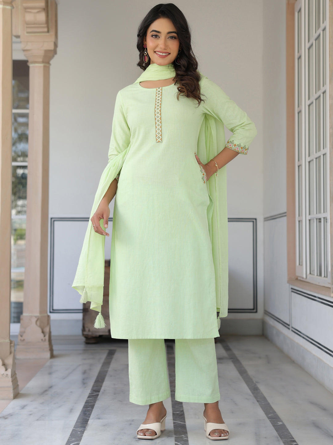 Janasya Light Cotton Self Design Straight Kurta Set 