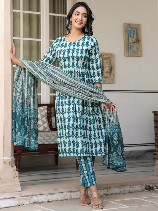 Janasya Dark Cotton Abstract A-Line Kurta Set 