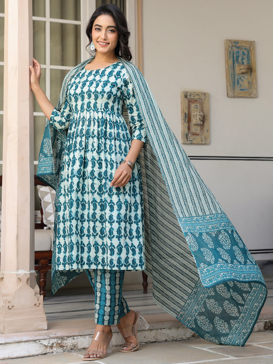 Janasya Dark Cotton Abstract A-Line Kurta Set 