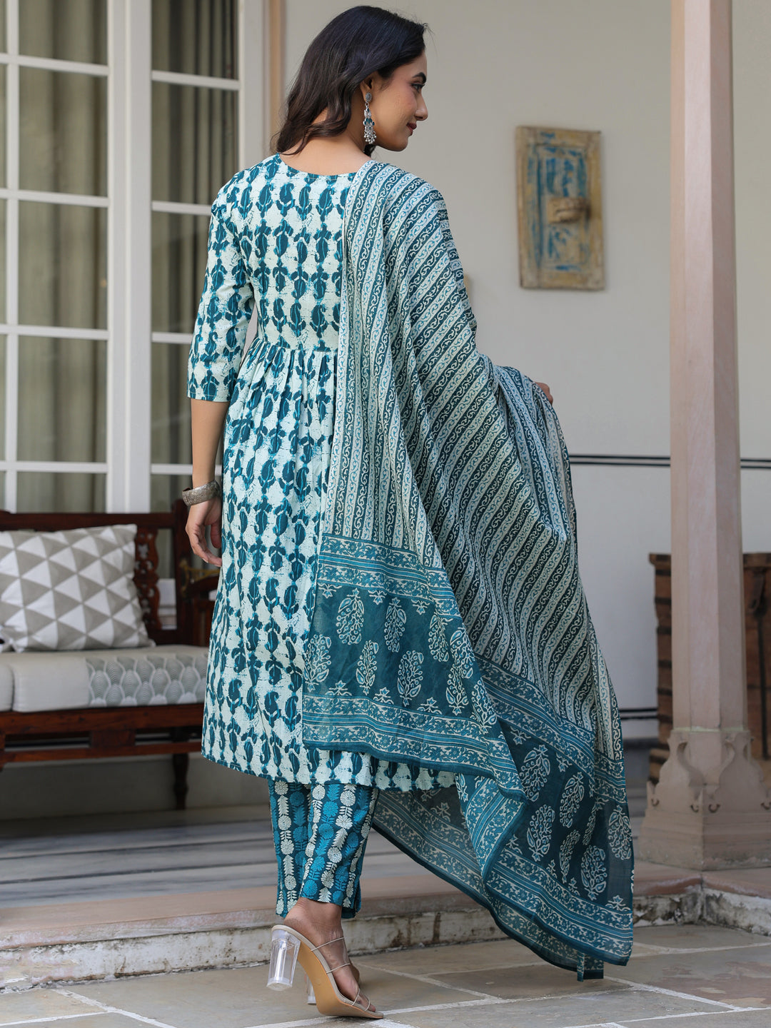 Janasya Dark Cotton Abstract A-Line Kurta Set 