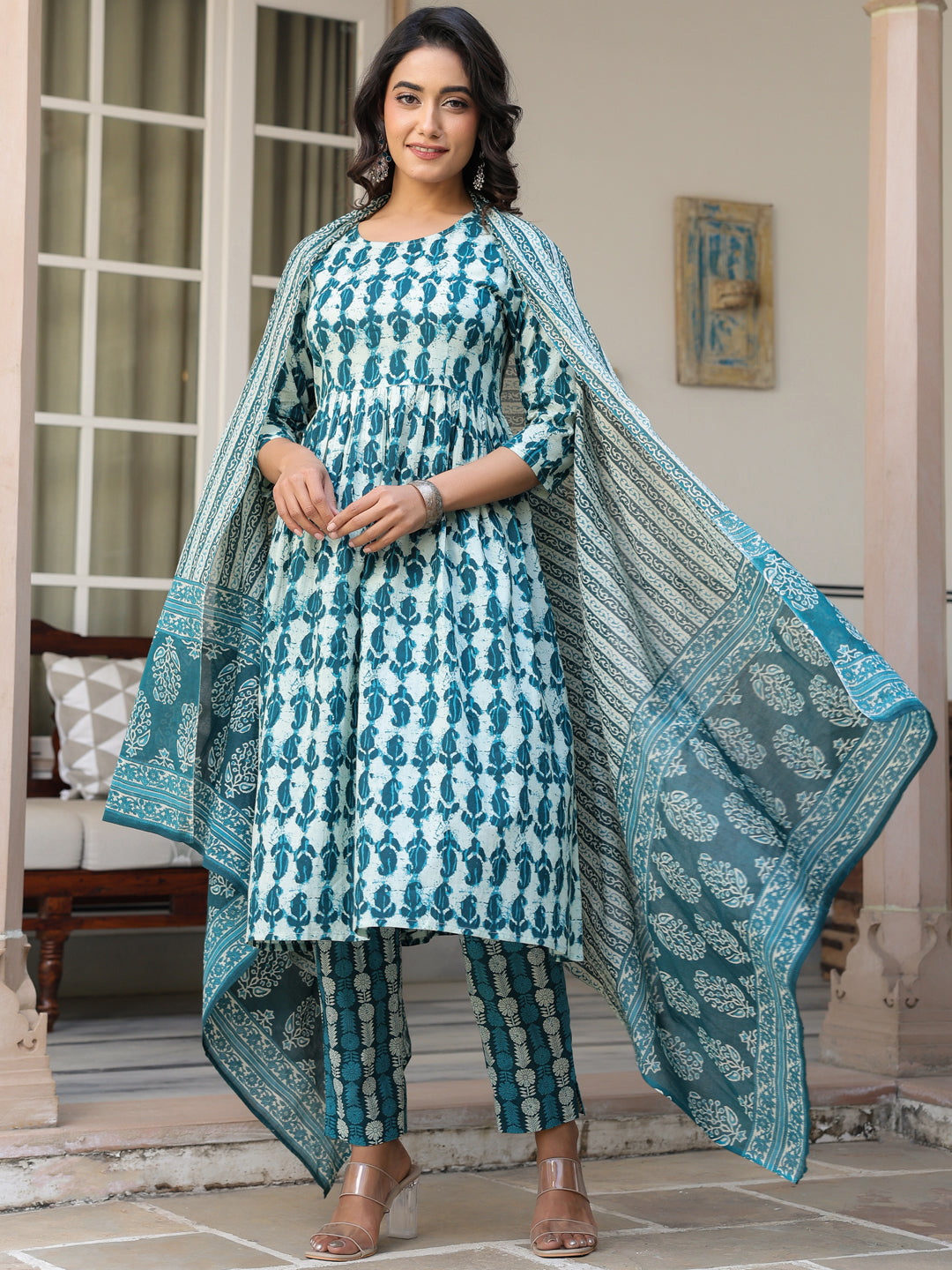 Janasya Dark Cotton Abstract A-Line Kurta Set 