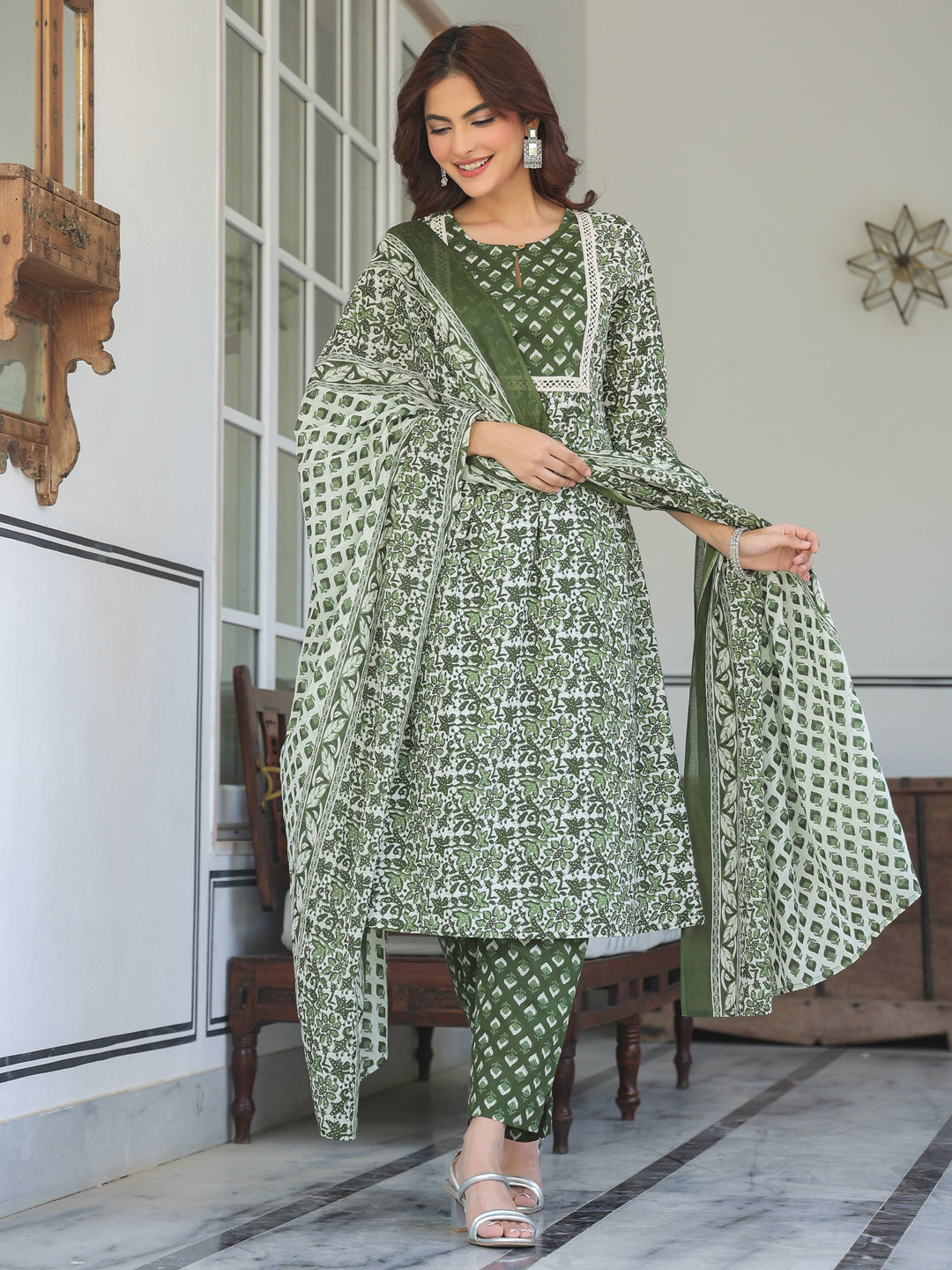 Janasya Dark Cotton Floral A-Line Kurta Set 