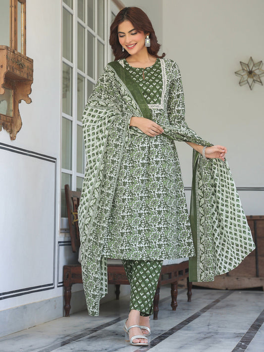 Janasya Dark Cotton Floral A-Line Kurta Set 