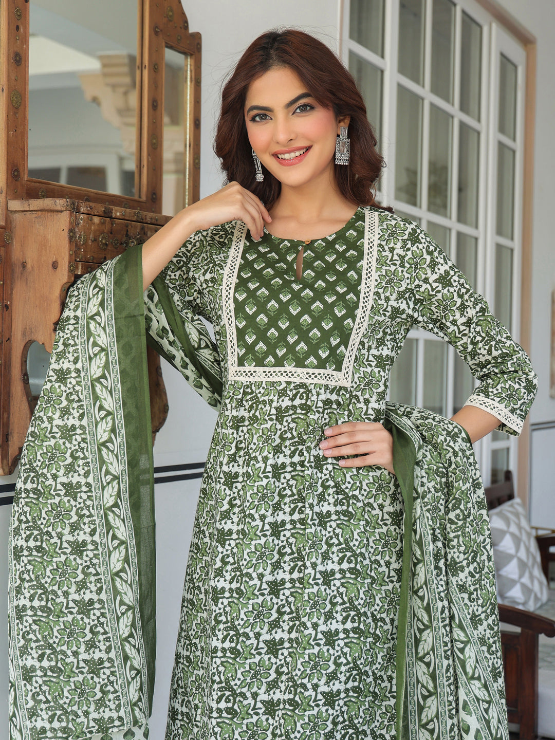 Janasya Dark Cotton Floral A-Line Kurta Set 