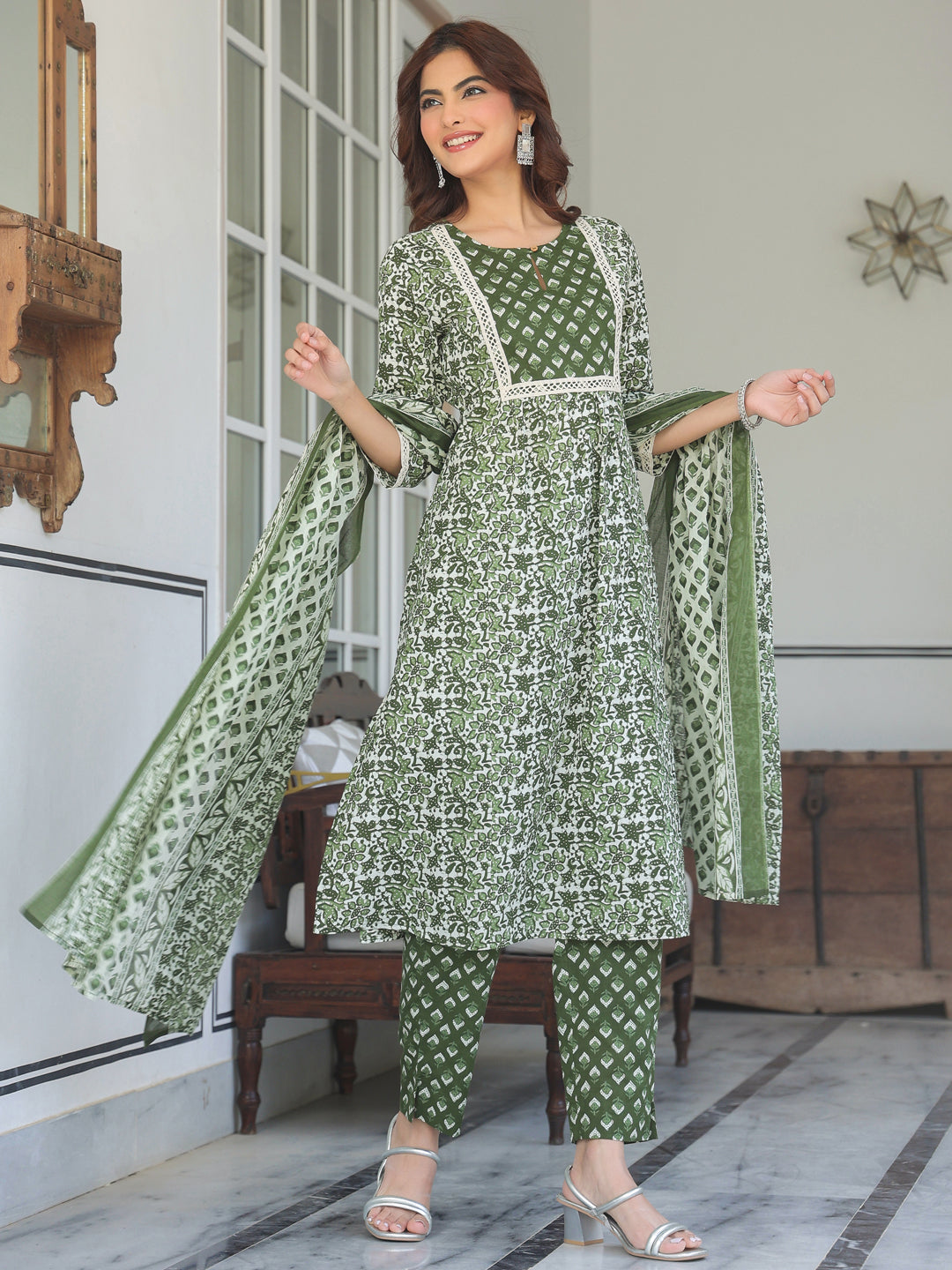Janasya Dark Cotton Floral A-Line Kurta Set 