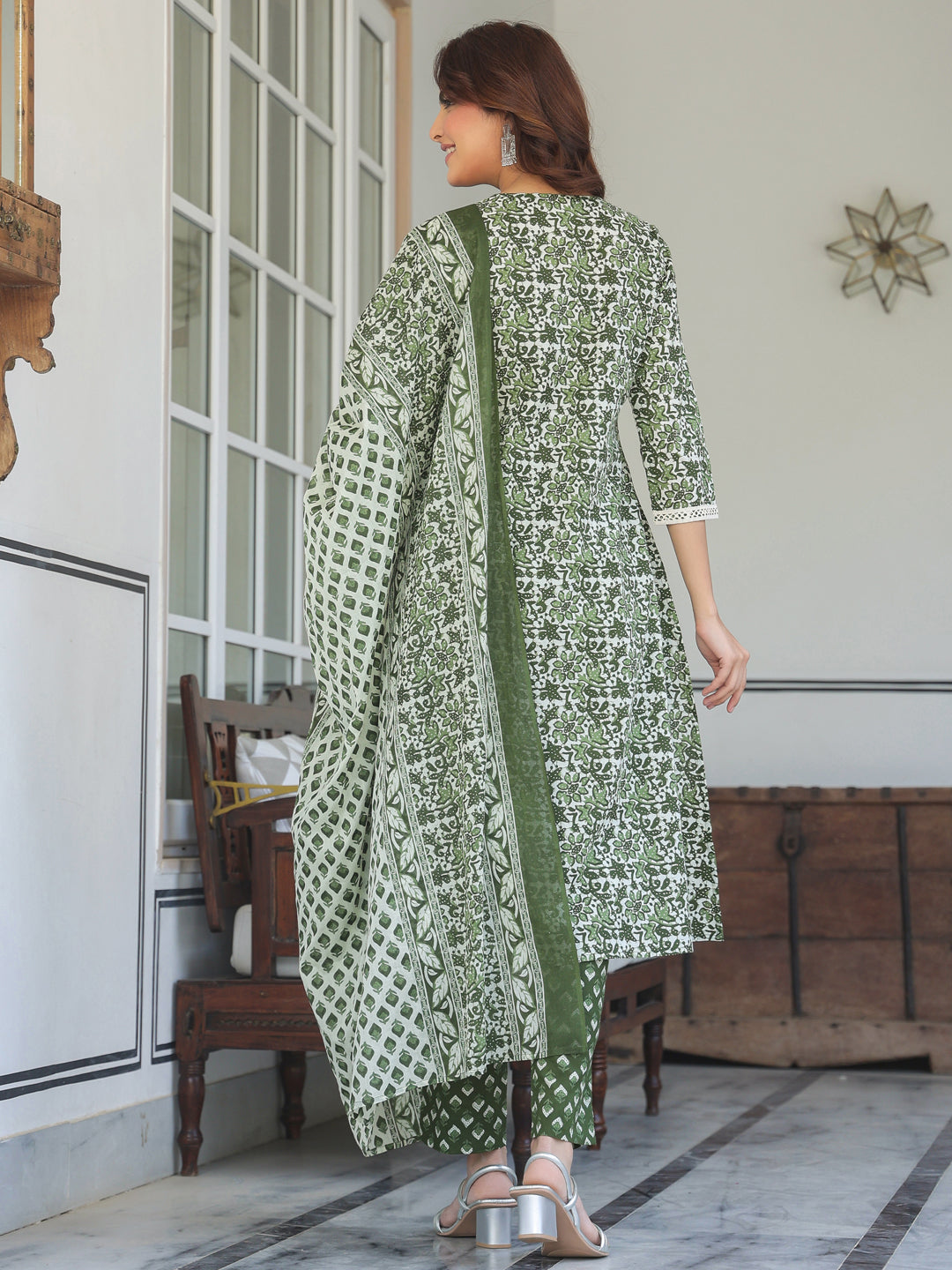 Janasya Dark Cotton Floral A-Line Kurta Set 