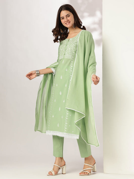 Janasya Light Cotton Embroidered Straight Kurta Set 
