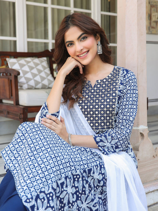 Janasya Dark Rayon Floral A-Line Kurta Set 