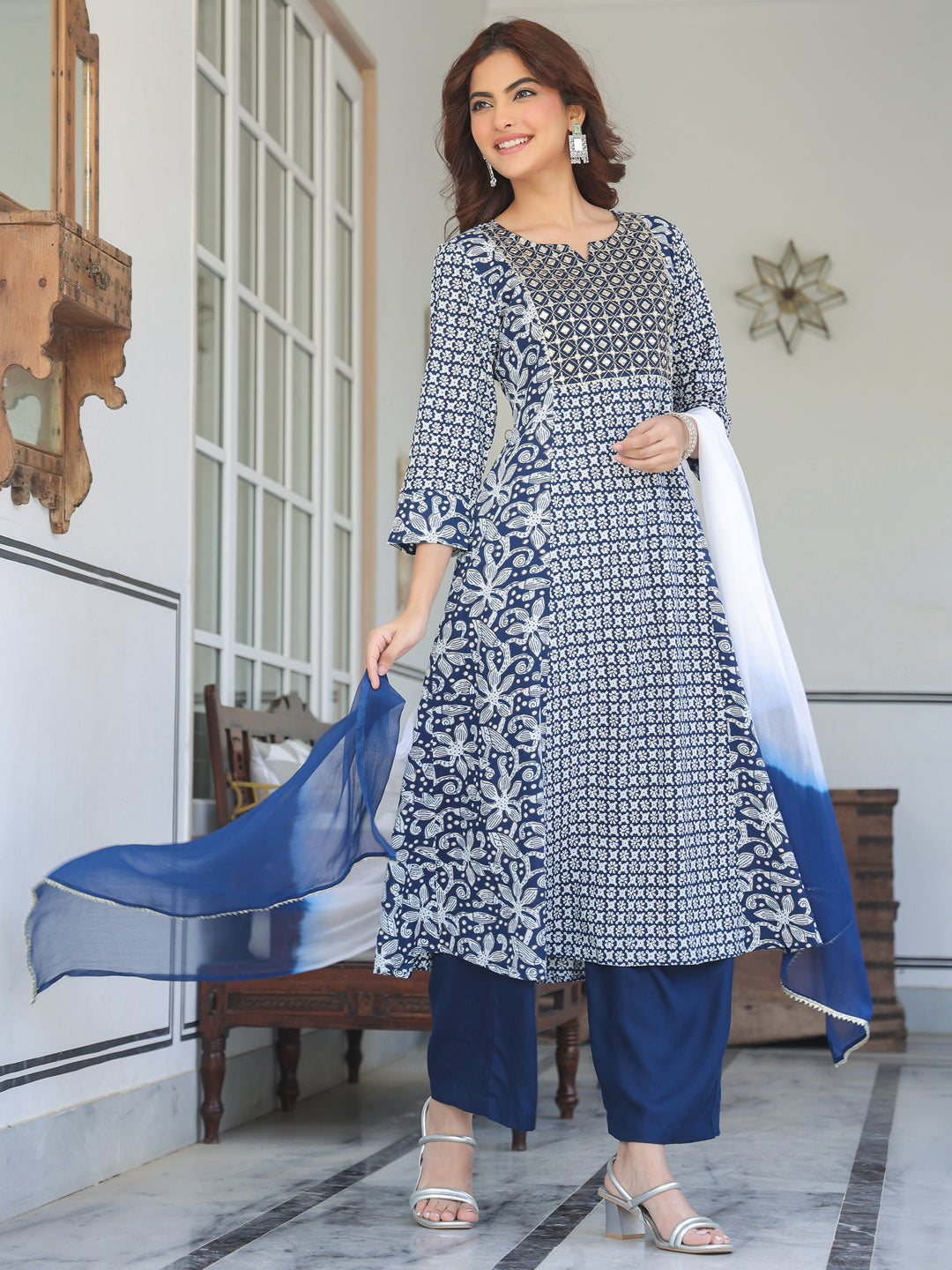 Janasya Dark Rayon Floral A-Line Kurta Set 