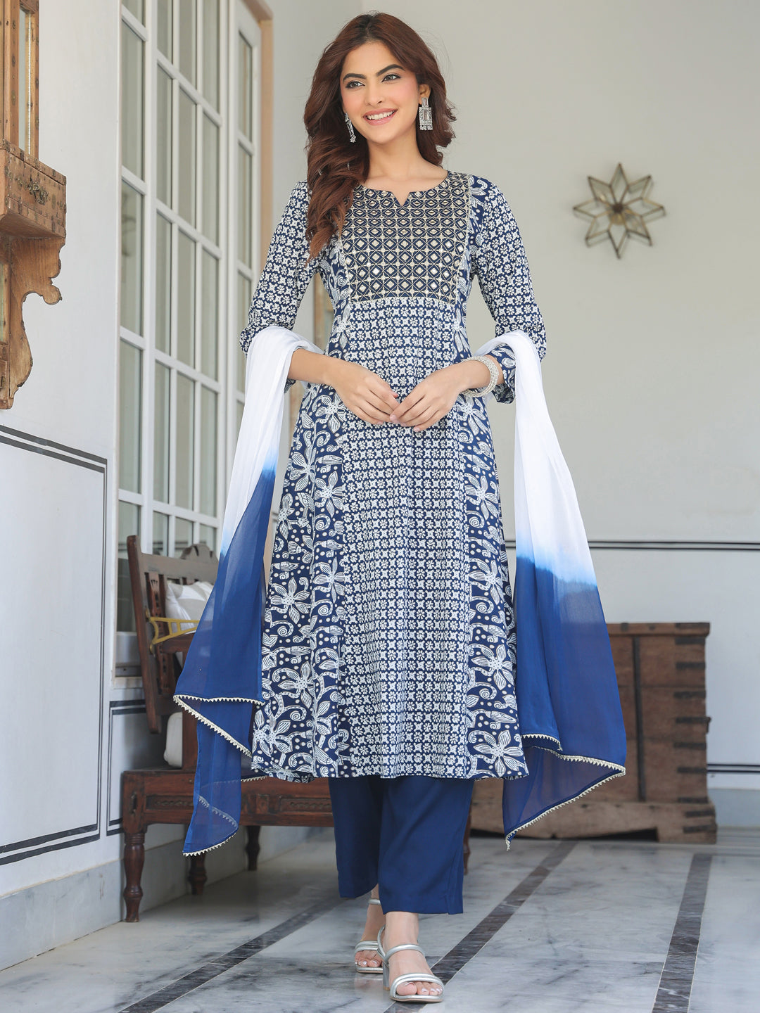 Janasya Dark Rayon Floral A-Line Kurta Set 