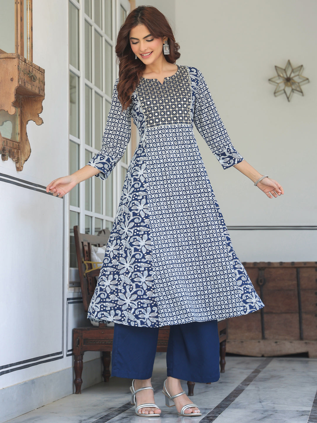 Janasya Dark Rayon Floral A-Line Kurta Set 