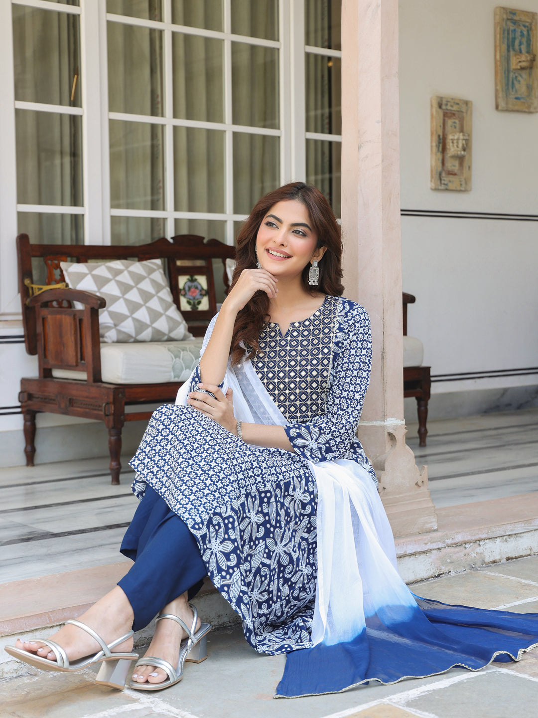 Janasya Dark Rayon Floral A-Line Kurta Set 