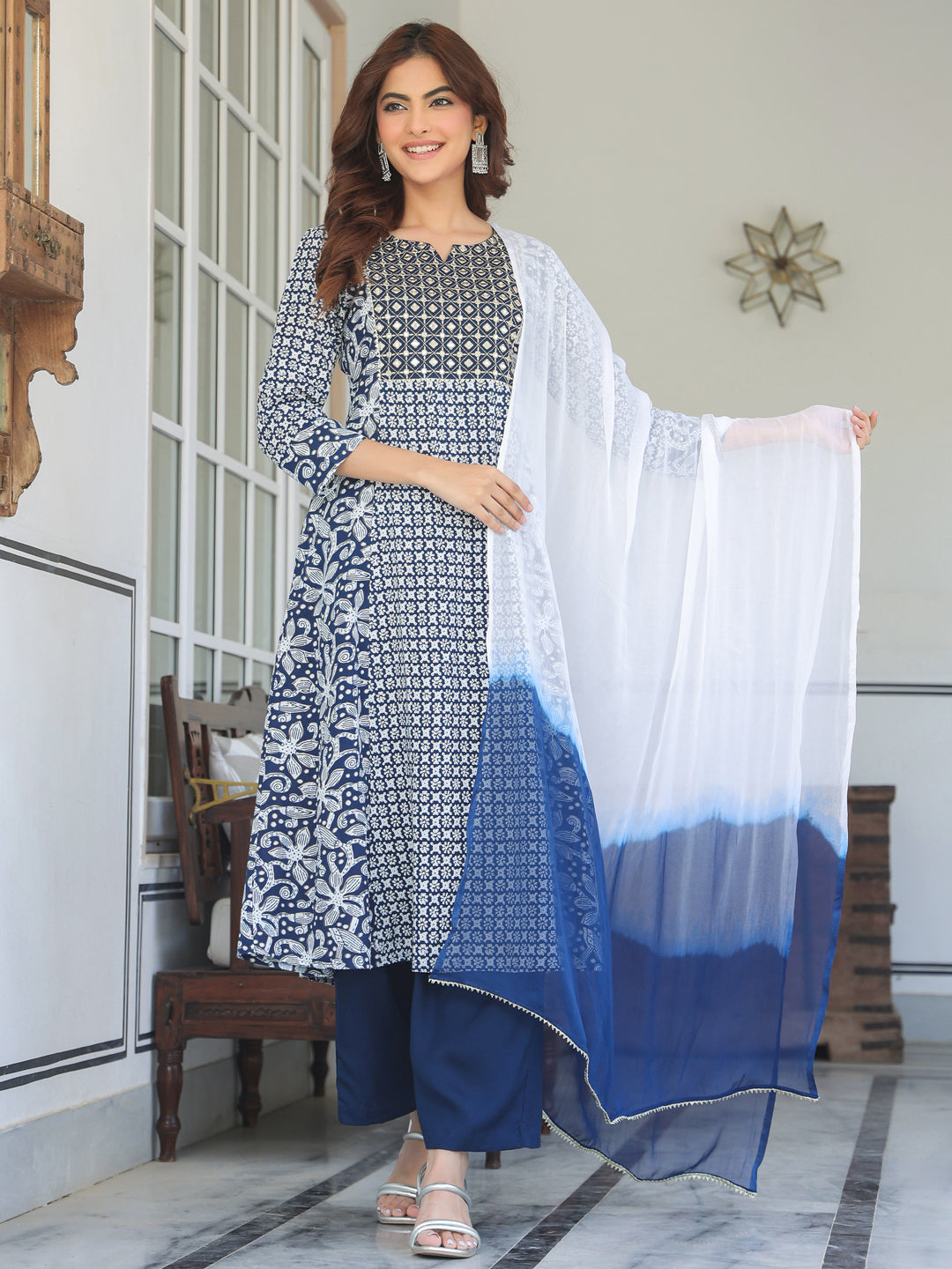 Janasya Dark Rayon Floral A-Line Kurta Set 
