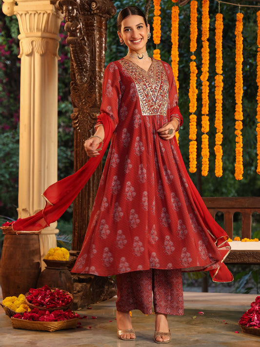 Janasya Dark Georgette Yoke Embroidery A-Line Kurta Set 