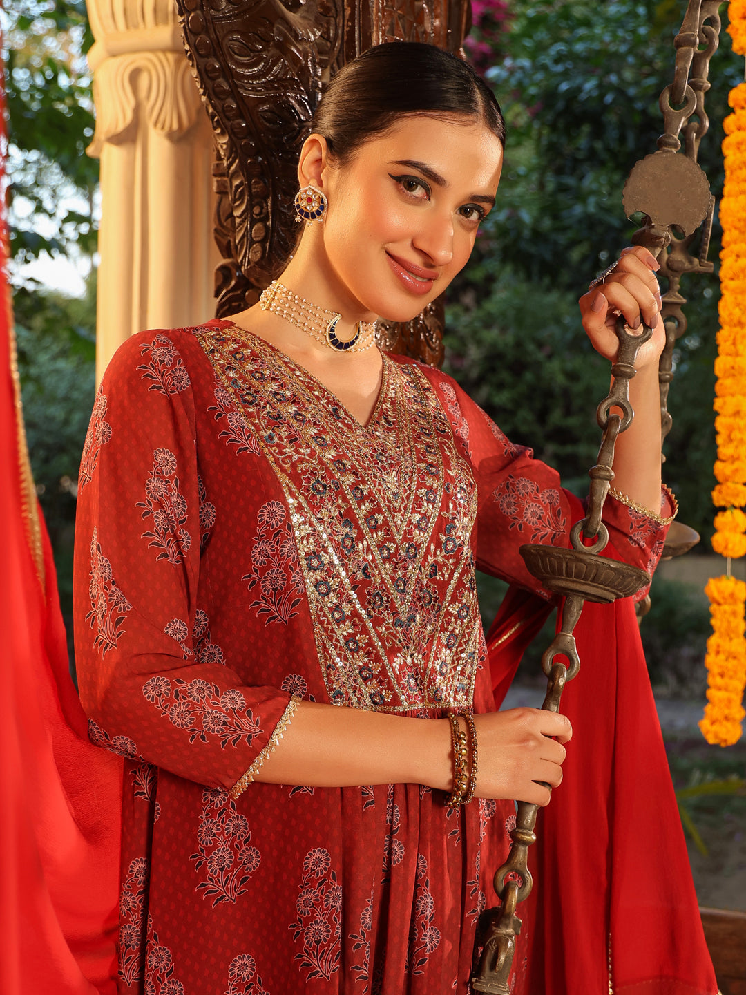 Janasya Dark Georgette Yoke Embroidery A-Line Kurta Set 