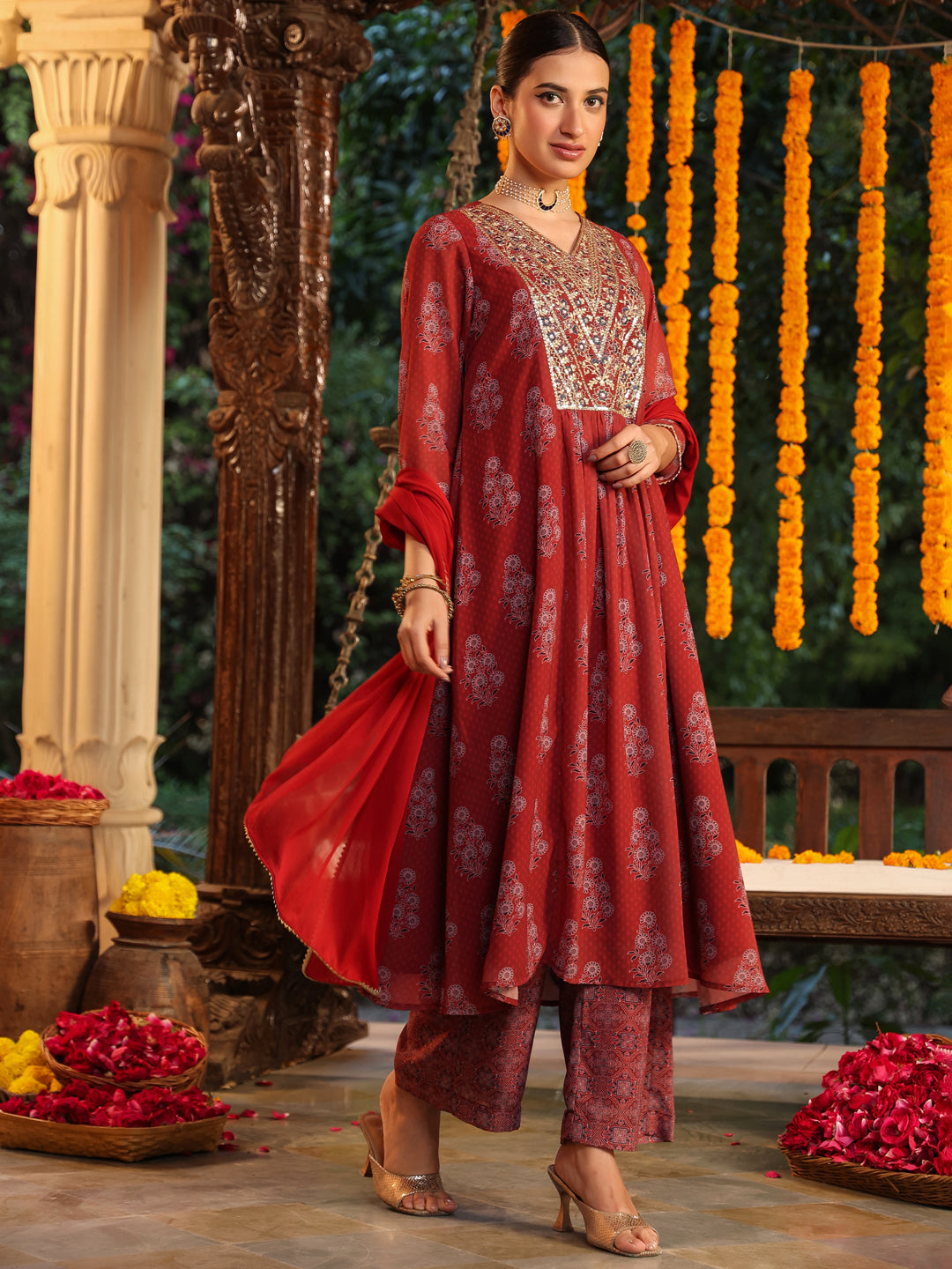 Janasya Dark Georgette Yoke Embroidery A-Line Kurta Set 