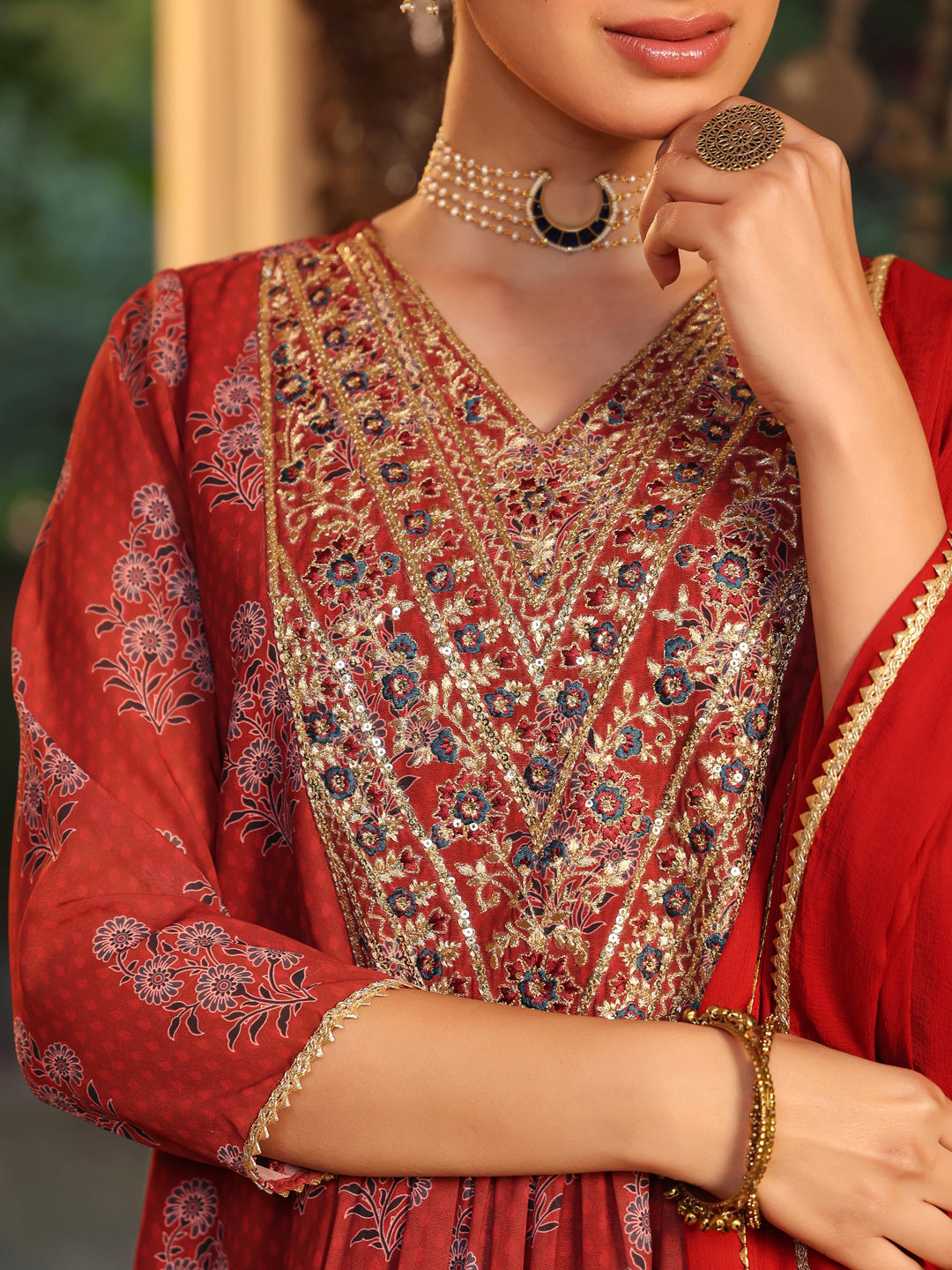Janasya Dark Georgette Yoke Embroidery A-Line Kurta Set 