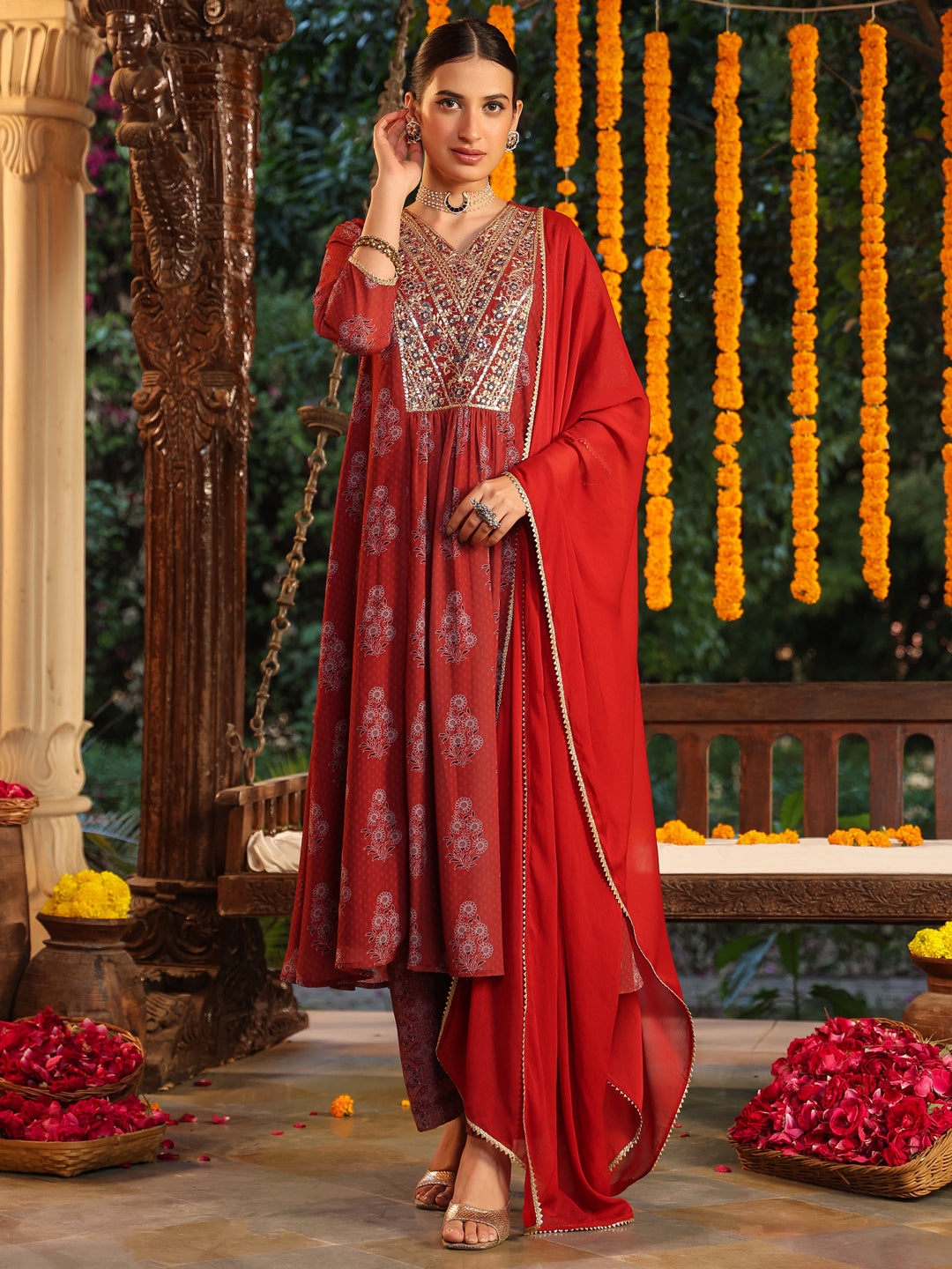 Janasya Dark Georgette Yoke Embroidery A-Line Kurta Set 