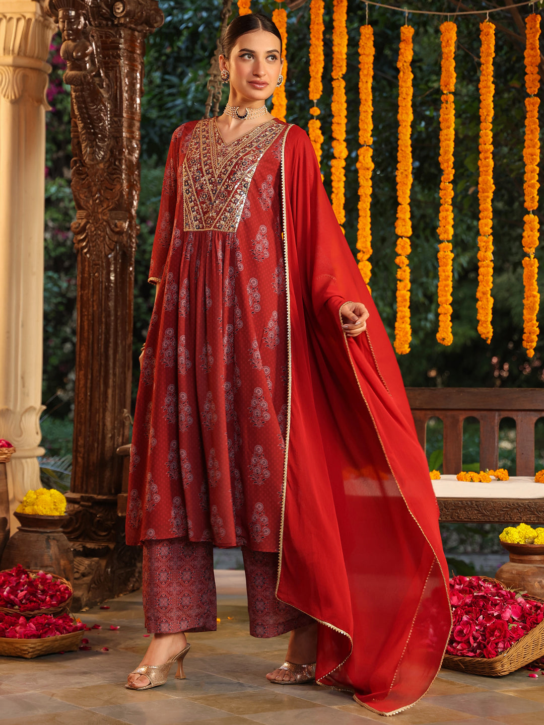 Janasya Dark Georgette Yoke Embroidery A-Line Kurta Set 