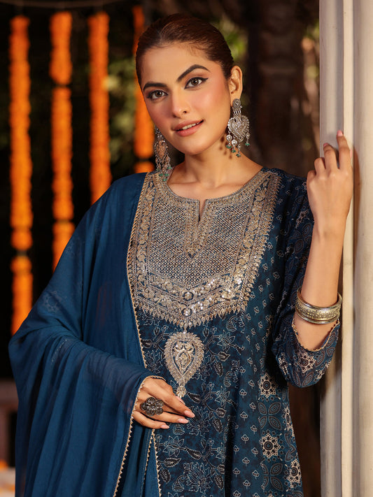 Janasya Dark Georgette Ajrakh Anarkali Kurta Set 
