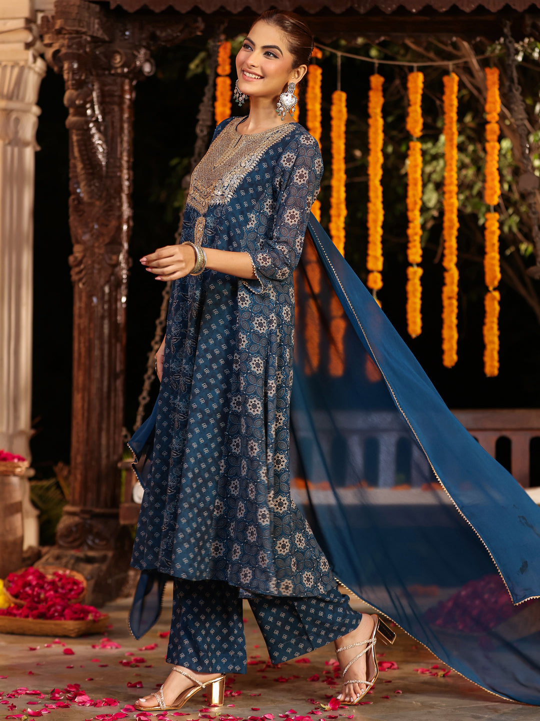 Janasya Dark Georgette Ajrakh Anarkali Kurta Set 