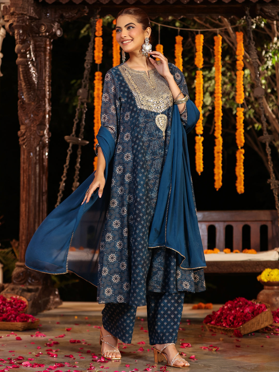 Janasya Dark Georgette Ajrakh Anarkali Kurta Set 