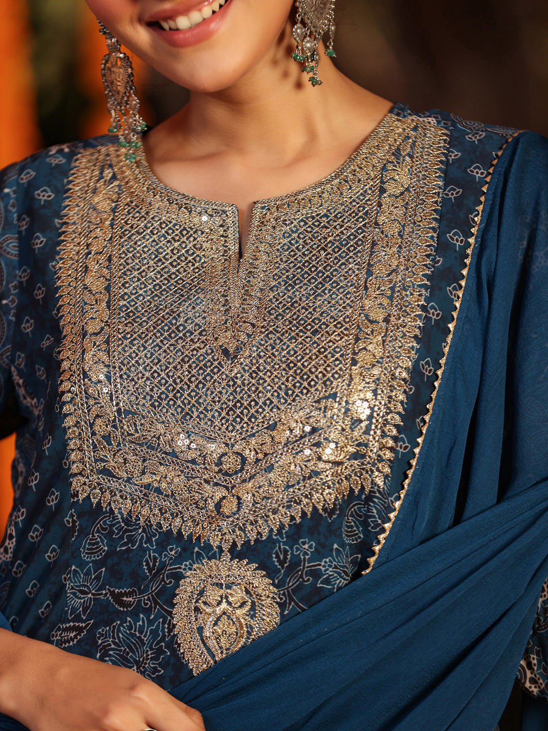Janasya Dark Georgette Ajrakh Anarkali Kurta Set 
