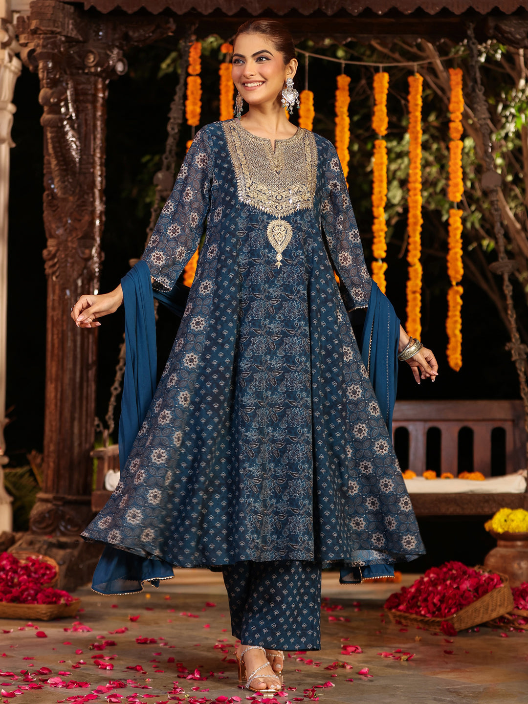 Janasya Dark Georgette Ajrakh Anarkali Kurta Set 