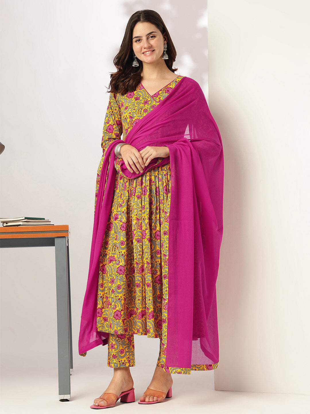 Janasya Bright Cotton Floral Angrakha Kurta Set 