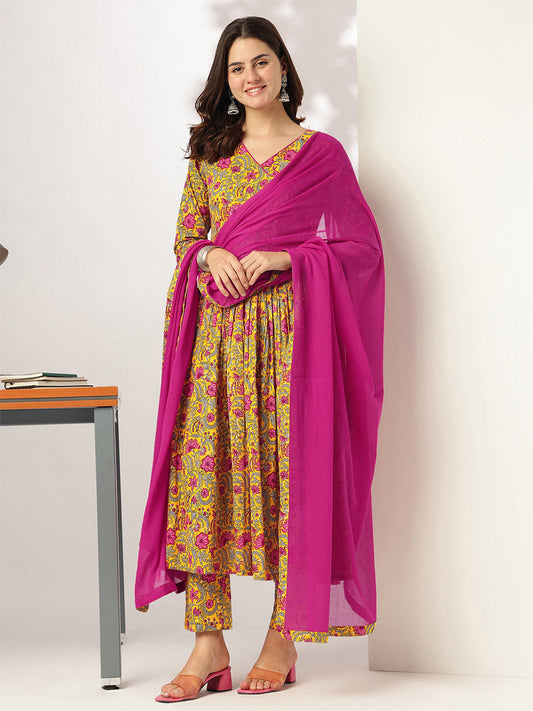 Janasya Bright Cotton Floral Angrakha Kurta Set 