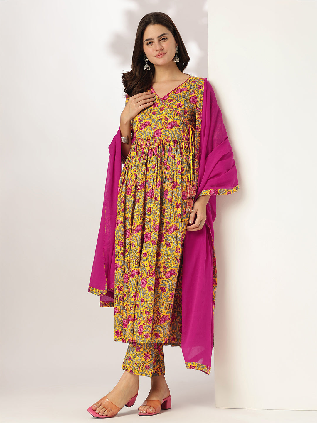 Janasya Bright Cotton Floral Angrakha Kurta Set 