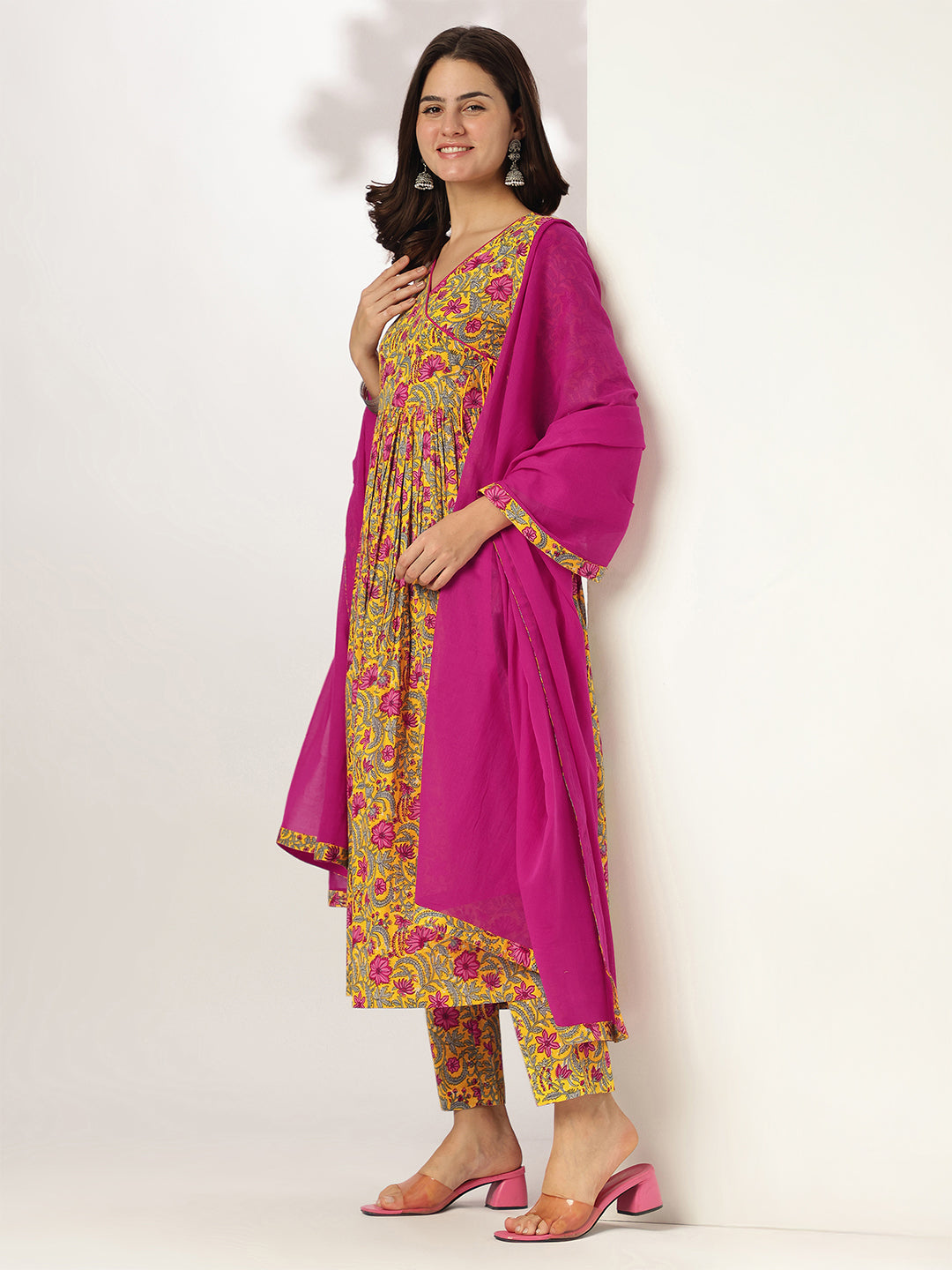 Janasya Bright Cotton Floral Angrakha Kurta Set 
