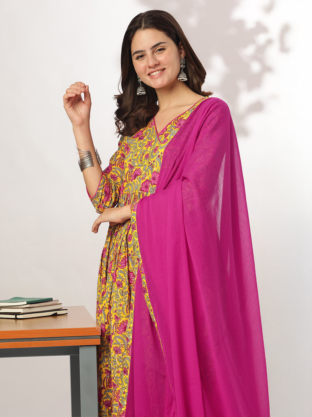 Janasya Bright Cotton Floral Angrakha Kurta Set 