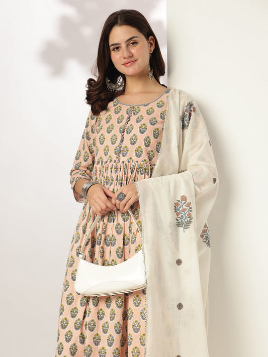 Janasya Light Cotton Floral A-Line Kurta Set 